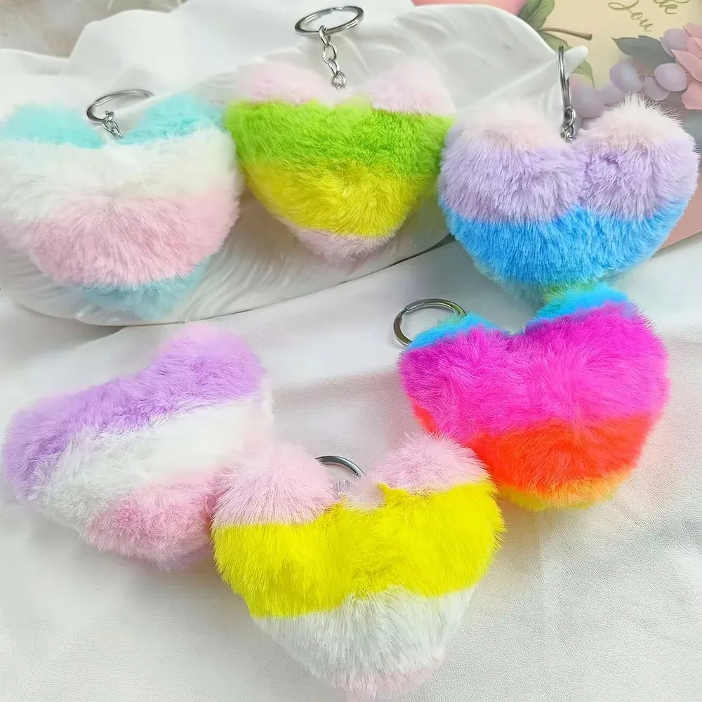 Creative for Woman Small Accessory Keyring Plush Rainbow Color Love Heart Keychain Cute Backpack Hangings Key Chain Ring Gift - Image 2