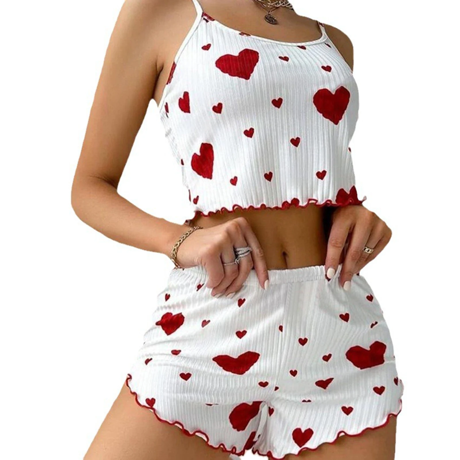 Women's Pajamas Set Summer 2PCS Sling Vest with Shorts 2026 Newly Love Heart Print Spaghetti Strap Camisole Sleepwear for Girls - Image 7