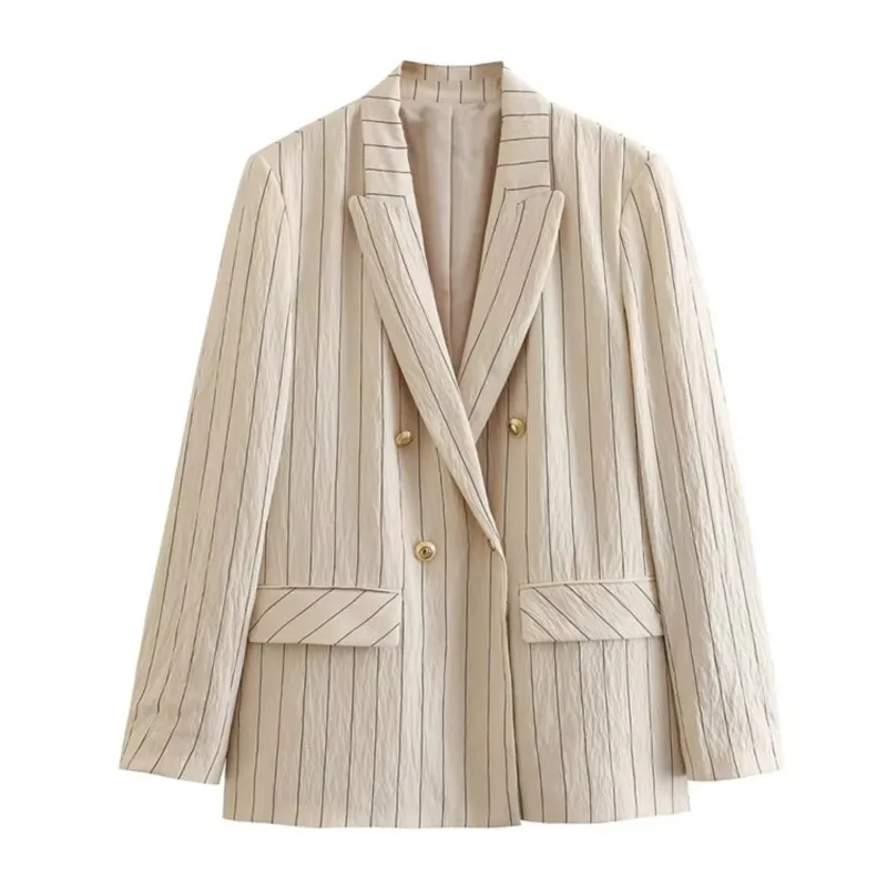 Casual Striped Blazer Coat Women Office Lady Fashion Pockets Elegant Suit Jackets 2025 New Spring Vintage Casual Loose Outerwear