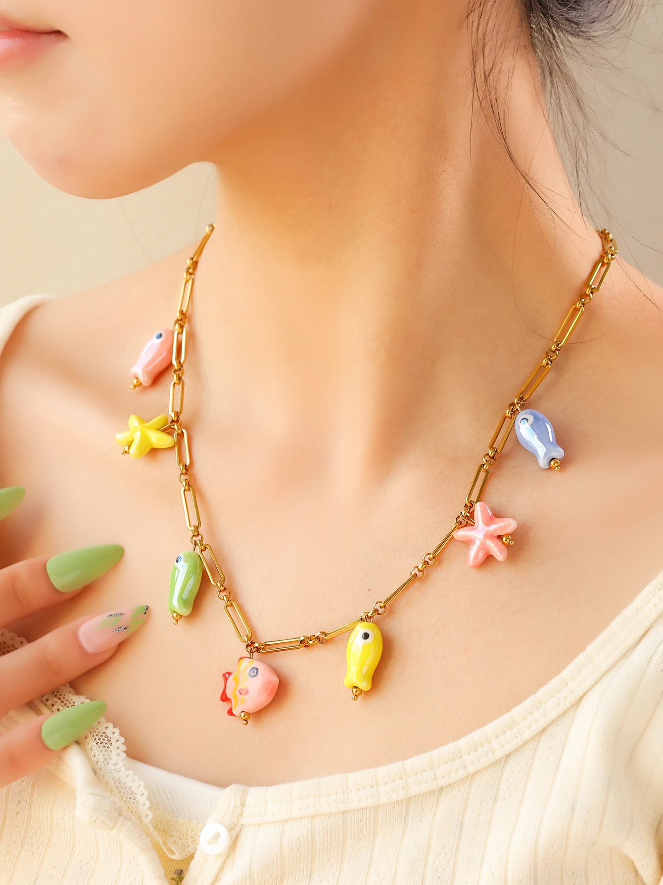Fashion Stainless Steel Ceramic Starfish Fish Necklace for Women Girls Summer Beach Party Waterproof Popular Cute Jewelry - Image 2
