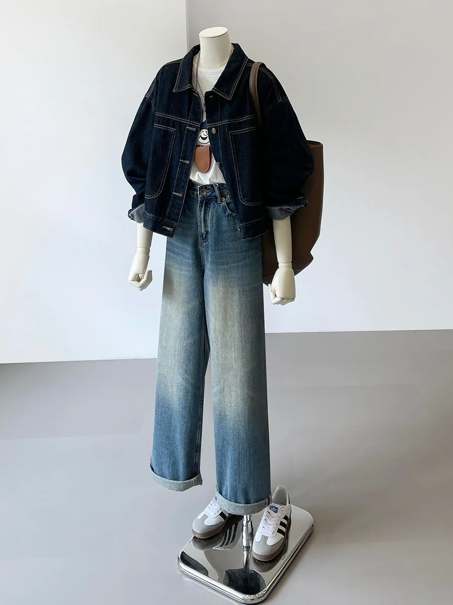 Navy Blue Short Denim Jacket Female Work Style Spring and Fall New Korean Version of the Casual Pocket Design Sense Thin Blouse - Image 3