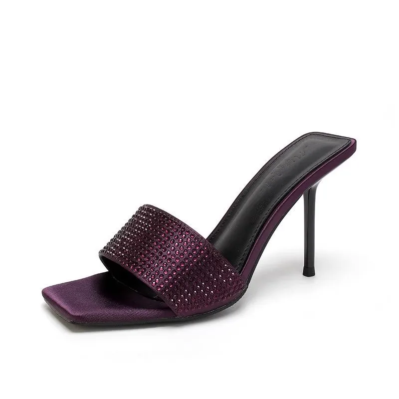Square head purple rhinestone straight strap slippers for women in the summer of 2025,new slim and beautiful high-heeled sandals - Image 6