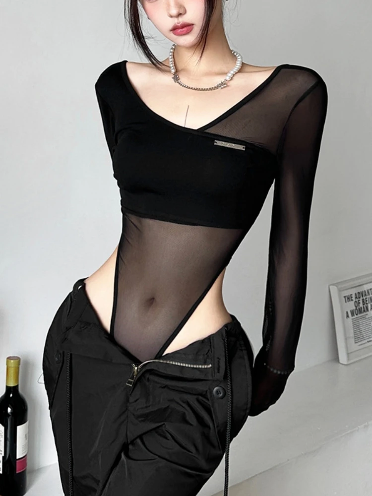 Black See Through Bodysuit Lingerie Sexy Long Sleeve Lenceria Femenina V-Neck One-Pieces Body Feminino Backless Tops For Women - Image 2