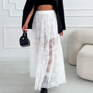 Women See-Through Lace A-Line Skirts Casual Summer Solid Color Elastic Waist Long Skirt for Beach Vacation Club
