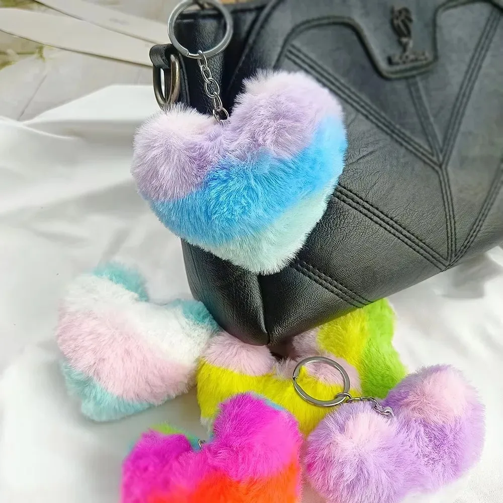 Creative for Woman Small Accessory Keyring Plush Rainbow Color Love Heart Keychain Cute Backpack Hangings Key Chain Ring Gift - Image 3