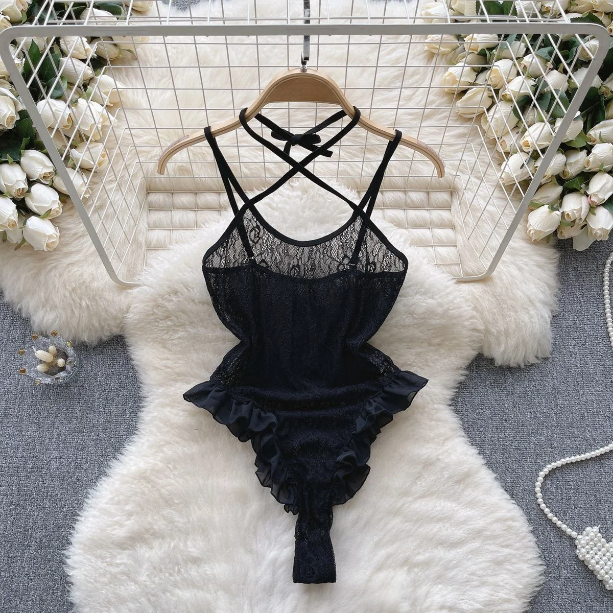 Women' Sexy Lace Camisole Slim Solid Color Sleeveless Bodysuit Erotic Lingerie V-Neck Ultra-Thin Pajamas Hollow Sheer Playsuit - Image 61