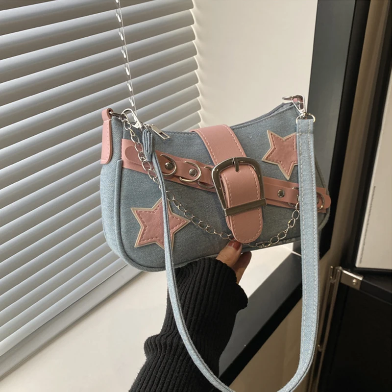 Fashion Women's Handbags Denim Stars Pattern Cool Girls Underarm Bag Female Small Shoulder Hobo Bags Chain Tote Bag - Image 9