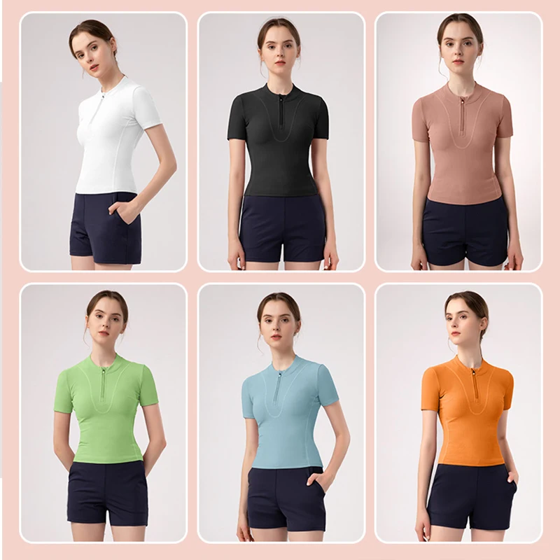 Aiithuug Women Slim Fit Gym Shirts Half Zip Workout Tops Quarter Zip Fitness Shirt Running Quicky Dry Short Sleeve Yoga Tops - Image 4