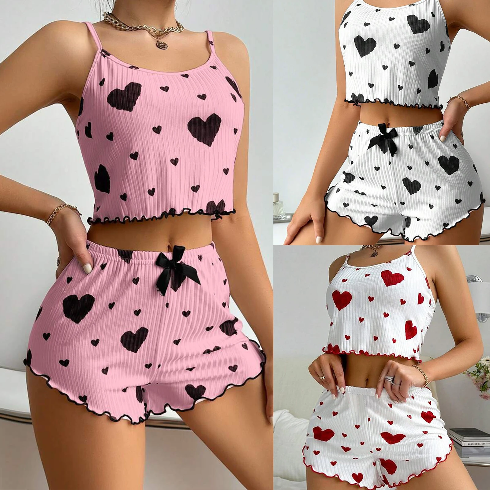 Women's Pajamas Set Summer 2PCS Sling Vest with Shorts 2026 Newly Love Heart Print Spaghetti Strap Camisole Sleepwear for Girls - Image 4