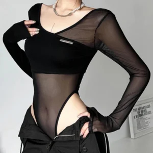 Black See Through Bodysuit Lingerie Sexy Long Sleeve Lenceria Femenina V-Neck One-Pieces Body Feminino Backless Tops For Women