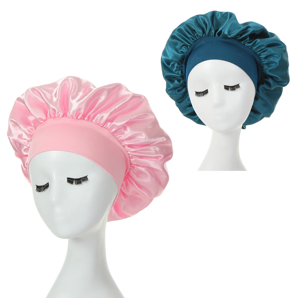 2PCS Milk Imitation Silk Wide Brim Satin Cloth Women's Hair Hat Bonnet Elastic Band Headwear bonnets for women - Image 10