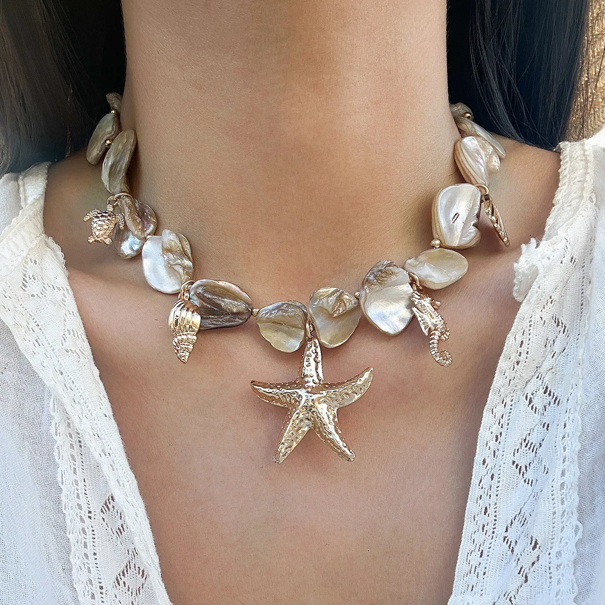 Retro Starfish White Shell Conch Pendant Necklace Women 2024 Simple Creative Colorful Stones Hand Woven beach Jewelry Girls - Image 13