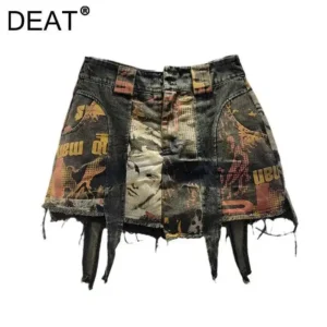 DEAT Women's Denim Skirt Printed Patchwork Do Old Irregular A-line High Waist Mini Skirts Summer 2025 New Fashion 29L9230
