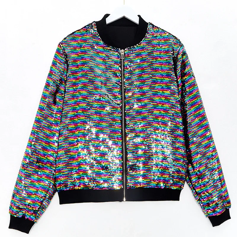 2025 New Europe and USA Party Flip Color Sequined Jackets for Women, Fashion Casual Shiny Loose Concert Hooded Baseball Jackets - Image 13