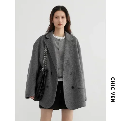 CHIC VEN Women's Woolen Coats Loose Casual Double Breasted Retro Double-sided Jacket Office Lady Outerwear Autumn Winter 2023 - Image 8