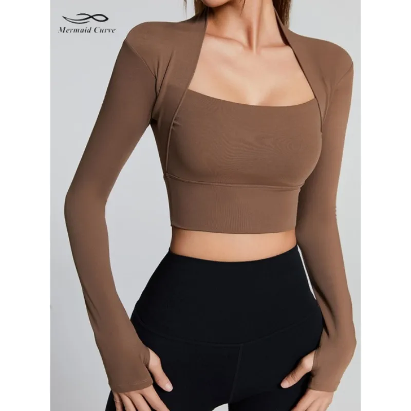 Autumn Winter New Nude Sports Top With Chest Pad Women Long Sleeve Fast Drying Fitness Tight Fake Two Pcs Gym Running Yoga Shirt - Image 3