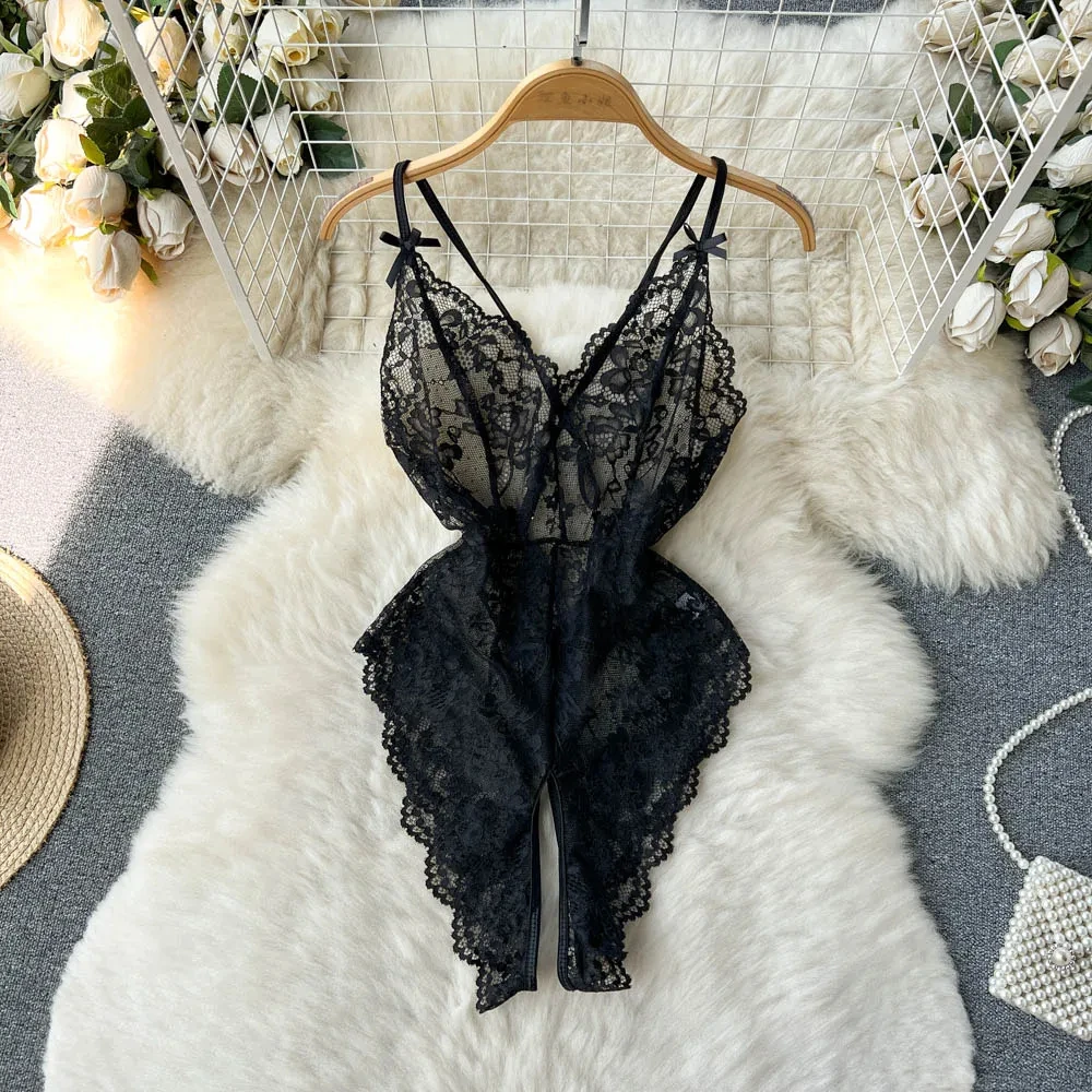 Women' Sexy Lace Camisole Slim Solid Color Sleeveless Bodysuit Erotic Lingerie V-Neck Ultra-Thin Pajamas Hollow Sheer Playsuit - Image 57