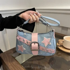 Fashion Women's Handbags Denim Stars Pattern Cool Girls Underarm Bag Female Small Shoulder Hobo Bags Chain Tote Bag