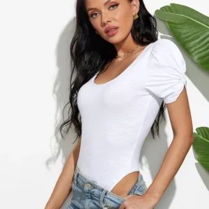 Women Summer Casual Basic Black White Skinny Bodysuit Lady Fashion Short Lantern Sleeve Rompers Jumpsuits Bodycon Tops Tees