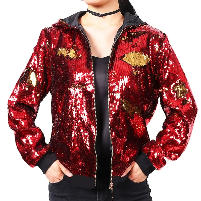 2025 New Europe and USA Party Flip Color Sequined Jackets for Women, Fashion Casual Shiny Loose Concert Hooded Baseball Jackets - Image 11