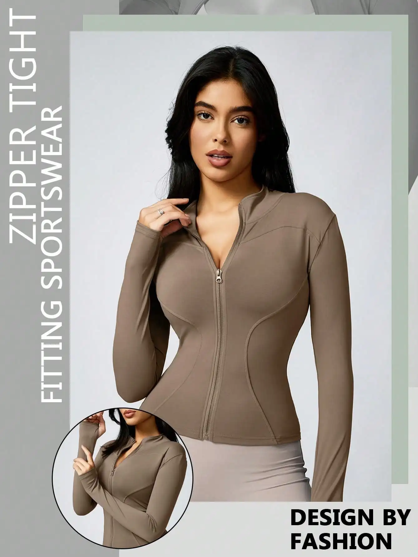 Women's Solid Color Zipper Turtleneck Sports Jacket, Long-Sleeved Sports Top, Gym Wear, Ladies' Sportswear for Indoor and Outdoo - Image 7