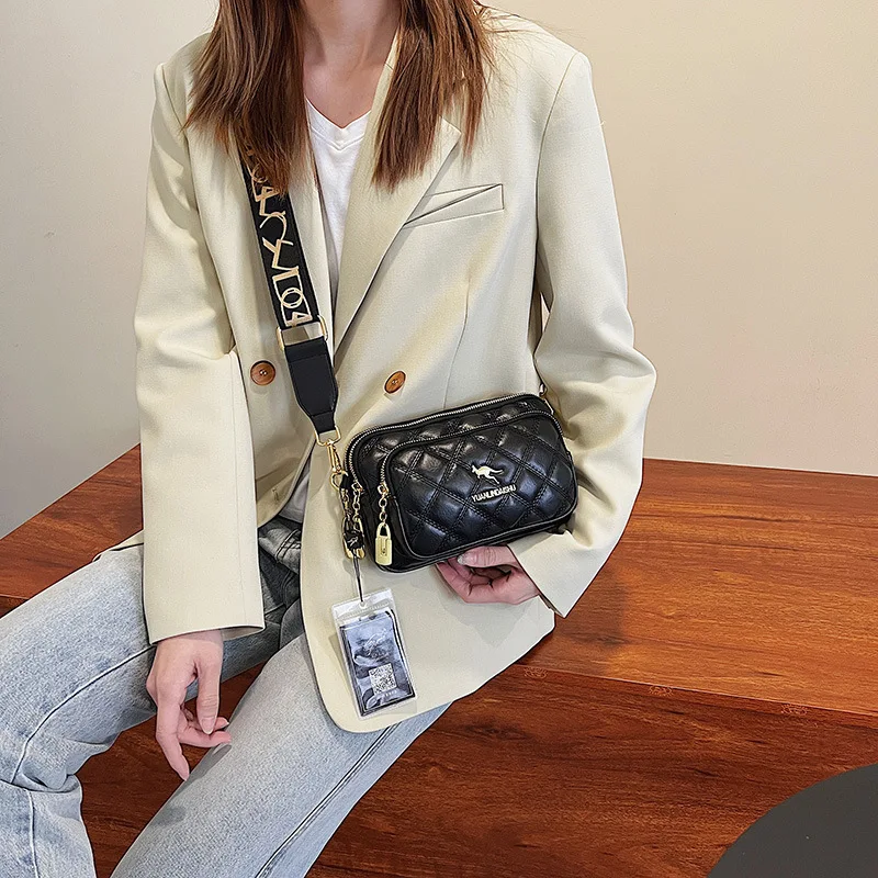 Argyle Pattern Simple Shoulder Bag, Multiple Pockets Crossbody Bags, Zipper Closure Women Leather Bag, Designer Bag, Purses - Image 6