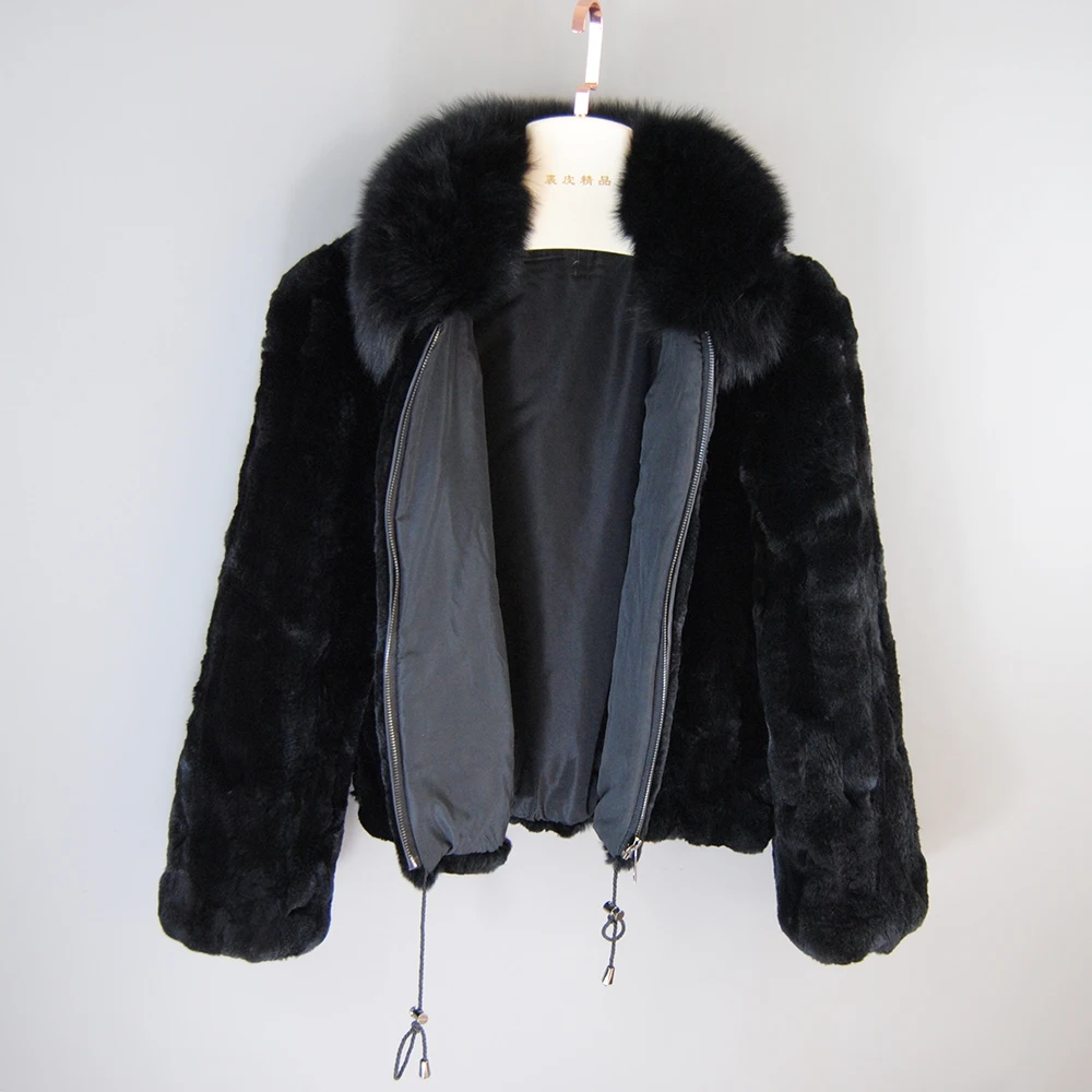 New Style Women Winter Warm Soft Quality Real Rex Rabbit Fur Coat Rex Rabbit Fur Short Jacket Big Real Fox Fur Collar Overcoat - Image 3