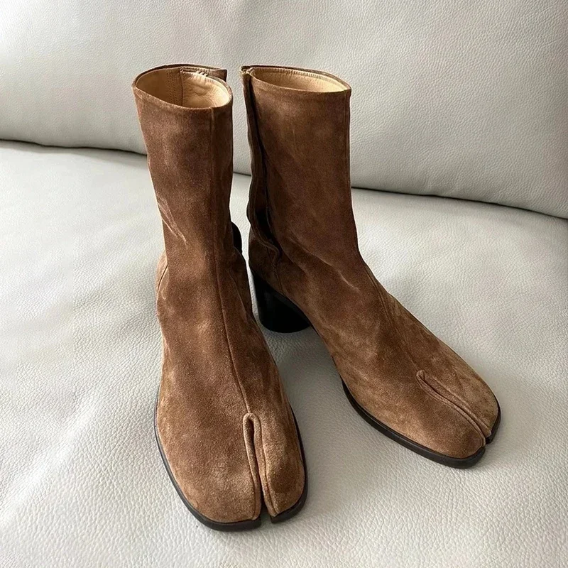 2024 Autumn Winter Soft Leather Split toe Tabi Women Ankle Boots Fashion Thick High heels Chunky Shoes Ins Style Short Booties - Image 3