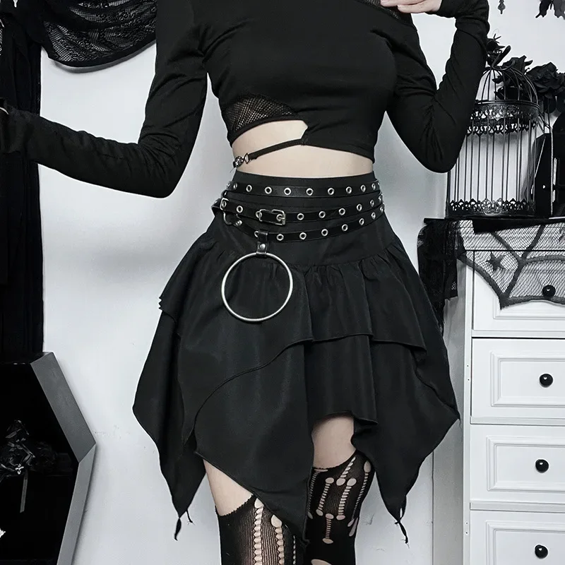 New Sexy Women Gothic Punk Irregular Skirts Solid Color Drawstring Tie-Up Ruched Ruffles Mini Skirt Summer Fashion Short Skirts - Image 3