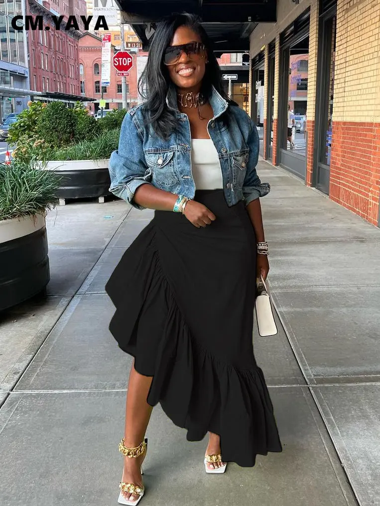 CM.YAYA Women Ruffles Hem Asymmetrical High Waist Maxi Long Skirt 2022 Autumn Winter Streetwear INS Fashion Skirts - Image 6