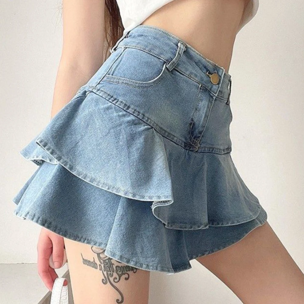 Vintage Denim Skirt Shorts Women Summer Korean Fashion High Waist A-line Wash Blue Slim Cute Sexy Mini Jeans Ruffle Skirt Female - Image 5