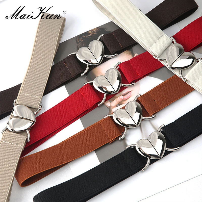 Maikun Silver Heart Buckle Thin Waistband Women Solid Colour Hundred Elastic Narrow Belt Waist Cinching Black - Image 4