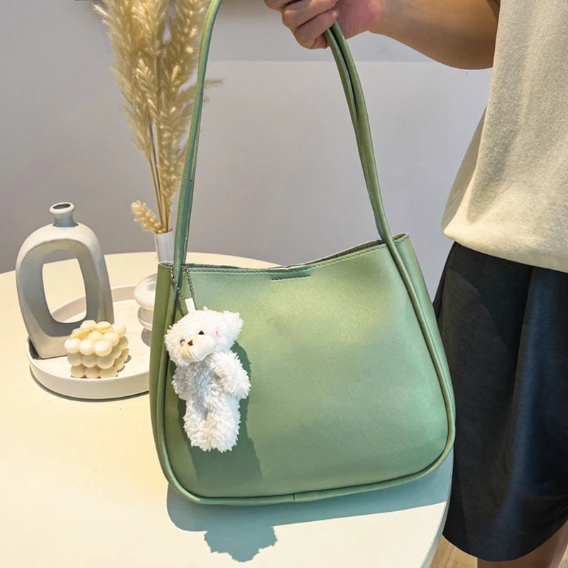 Simple And Casual New Popular PU Leather Versatile Shoulder Underarm Bag Small Fresh Solid Color Bear Pendant Handbag - Image 2