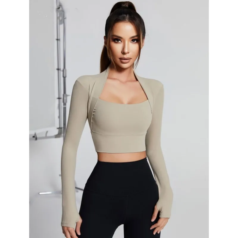 Autumn Winter New Nude Sports Top With Chest Pad Women Long Sleeve Fast Drying Fitness Tight Fake Two Pcs Gym Running Yoga Shirt - Image 8