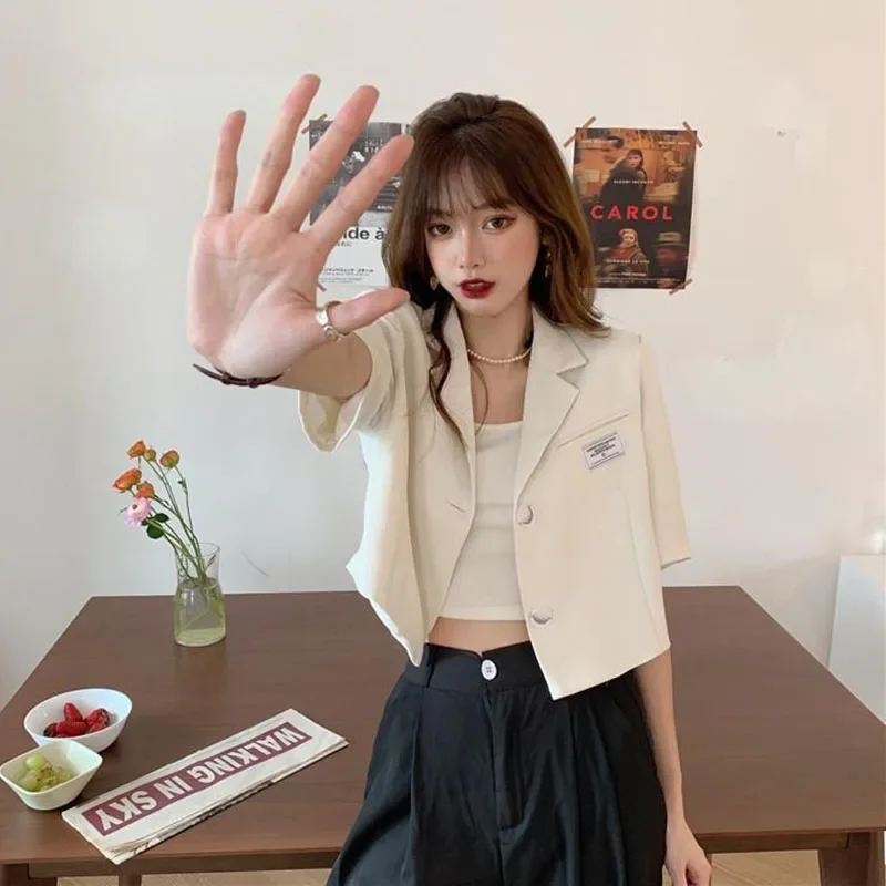 Short Sleeve Blazer Jacket Ladies Summer 2025 New Thin Notched Collar Suit Coat Women Casual Wild Black White Short Outwear Tops - Image 3