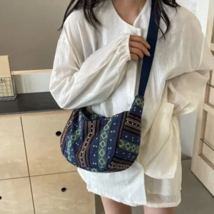 Fashion Tribal Style Shoulder Bag Striped Pattern Large Capacity Crossbody Bag Zipper Closure Canvas Messenger bag Women