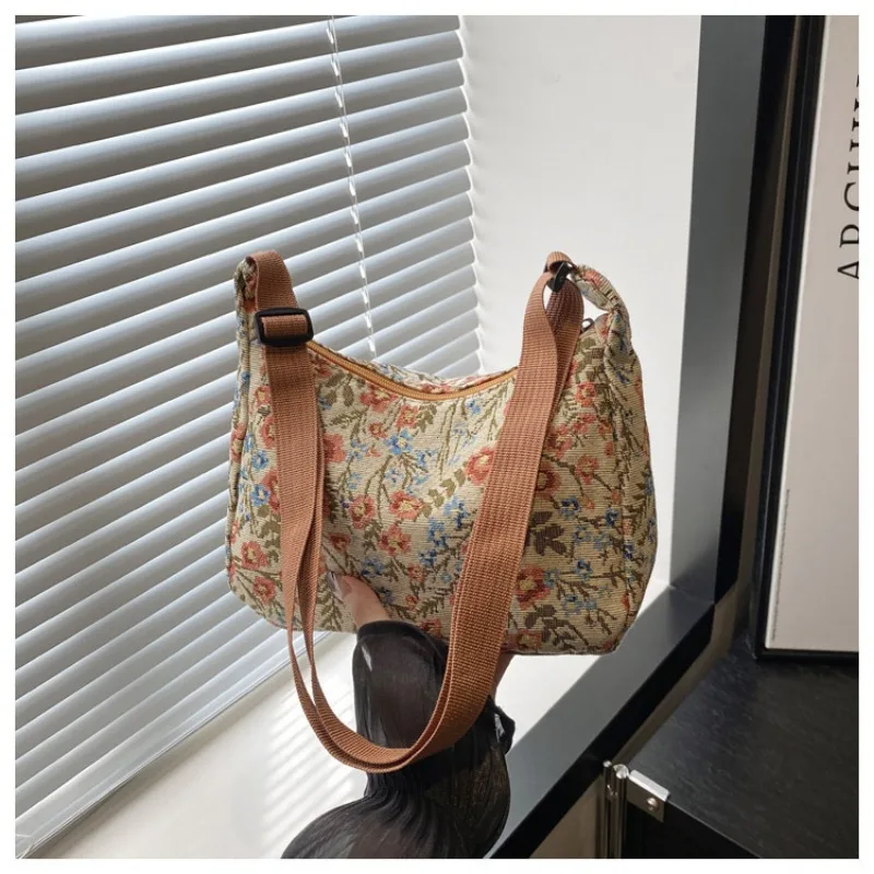 Fashion Vintage Winter New Women Lady Bag Versatile Literary Prints Cloth Crescent Pack Texture Temperament Crossbody Shoulder - Image 7