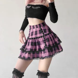 Mall Goth Gothic Lace Ruffle Mini Skirts Womens Harajuku Fairy Grunge Pink Plaid Pleated Skirt Japanese Lolita Streetwear