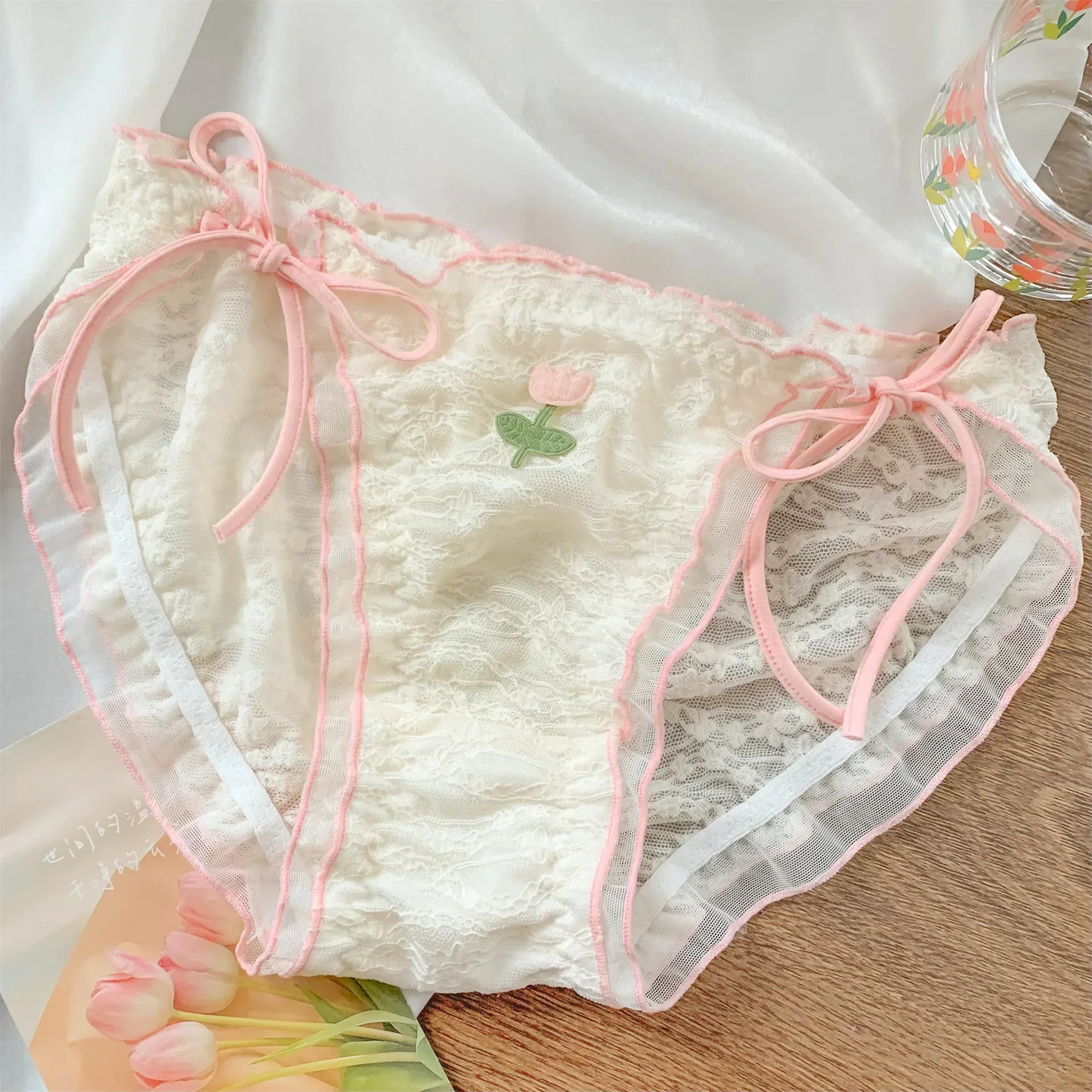 Japanese Sweet Mesh Lace Lace Bow 2024 New Sexy Mid Waist Comfortable and Breathable Fashion Triangle Short Pants WOMEN Panties - Image 4