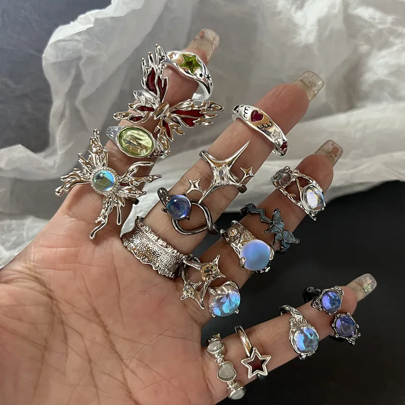 Y2K Crystal Rings Kpop Heart Adjustable Ring Irregular Geometry Punk Vintage Rings Set for Women Girls New Fashion Jewelry - Image 2