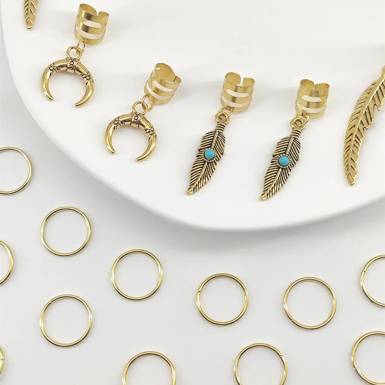 31 Pcs Hair Braids Retro Gold Leaves Moon Blue Beads Hair Dreadlock Hair Rings Decorations Styling Tools Women - Image 3