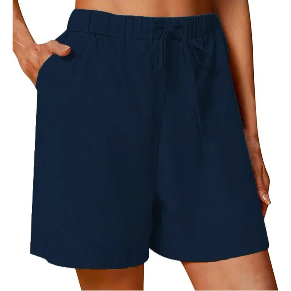 Women's Summer Casual Shorts Drawstring Solid Color Cotton Linen Short Pants Female Loose Straight Jogging Outdoor Streetwear - Image 2