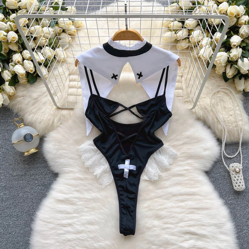 Women' Sexy Lace Camisole Slim Solid Color Sleeveless Bodysuit Erotic Lingerie V-Neck Ultra-Thin Pajamas Hollow Sheer Playsuit - Image 4