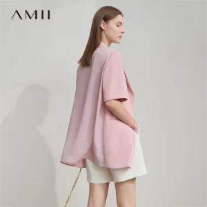 Amii Women's Top Minimalist 2025 Summer New Notched Lapel Contrast Material Patchwork One Button Short Sleeve Blazer 12542081
