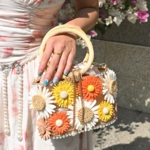 Sunshine Flower Bird Cage Evening Bag Elegant Flower Birdcage Handmade Woven Shiny Rhinestone Handbag