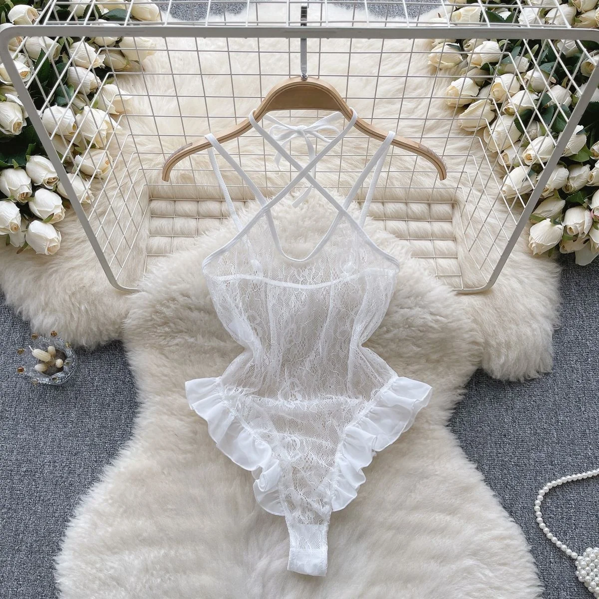 Women' Sexy Lace Camisole Slim Solid Color Sleeveless Bodysuit Erotic Lingerie V-Neck Ultra-Thin Pajamas Hollow Sheer Playsuit - Image 62