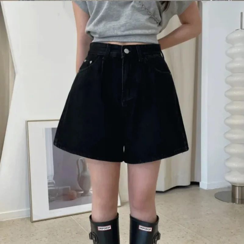 REALEFT 2024 New High Waist Washed Women's Denim Wide Leg Shorts Summer Buttons Casual Female Blue Jeans Trouses Pockets - Image 9