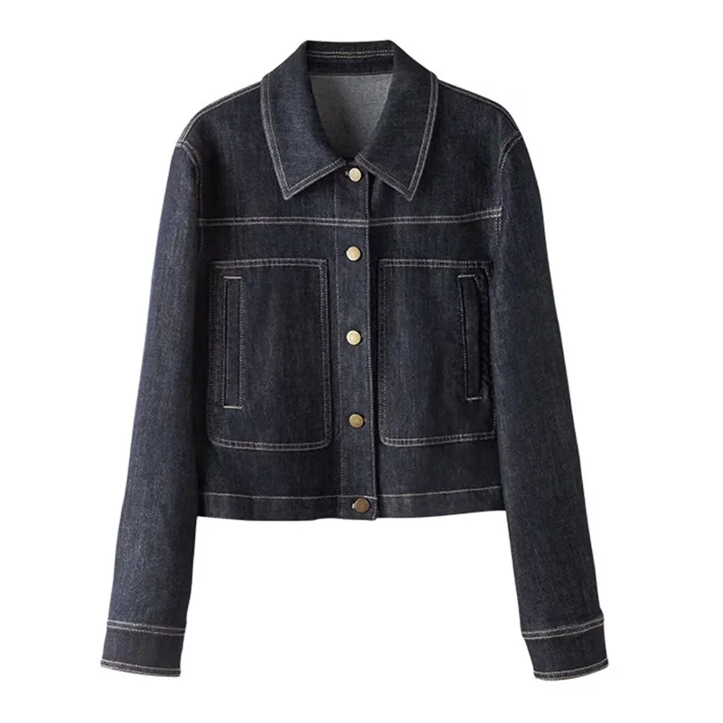 Navy Blue Short Denim Jacket Female Work Style Spring and Fall New Korean Version of the Casual Pocket Design Sense Thin Blouse - Image 7