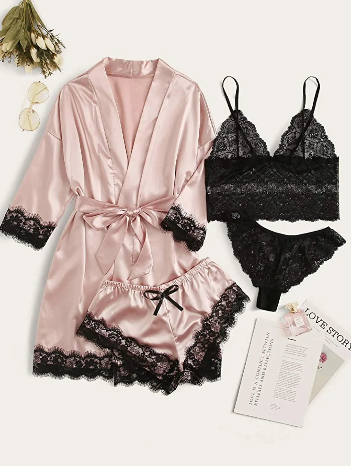 Women's Fashion Pajama Print Sexy Lace Trim Faux Silk Satin Pajama Set Gown Skin Friendly Comfort Loungewear Sexy Pajamas - Image 7