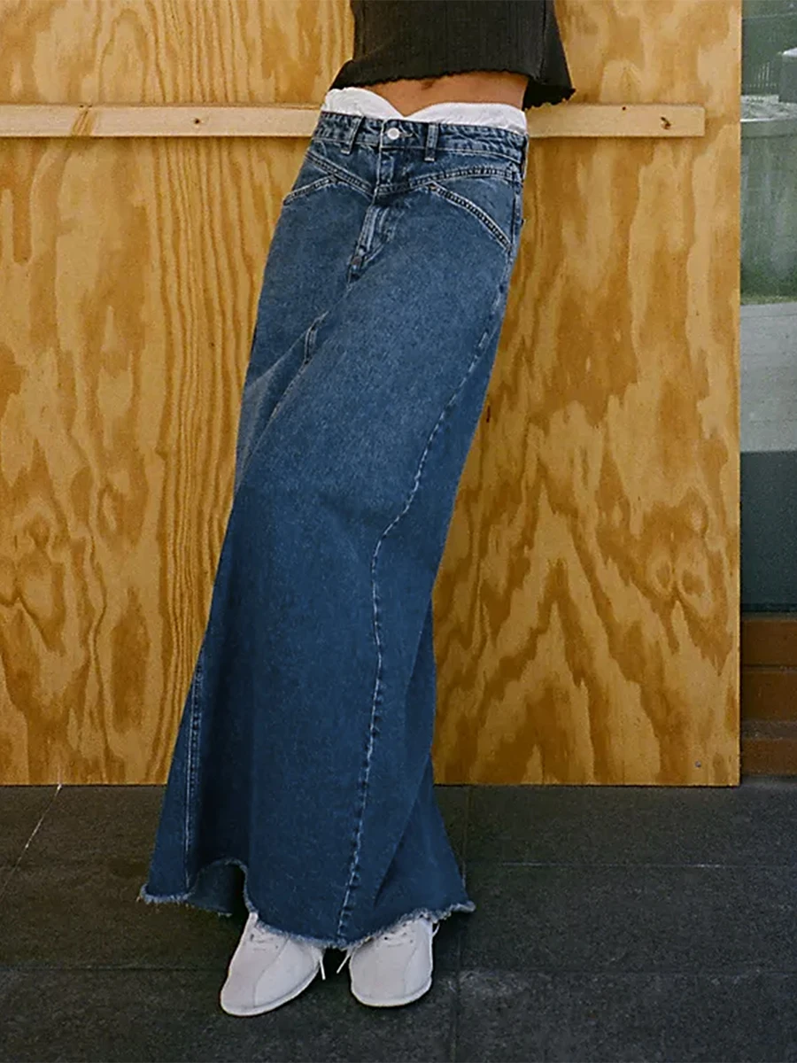 Women Y2K Vintage Denim Maxi Skirt High Waist A-Line Frayed Hem Loose Long Jean Skirt OOTD Streetwear - Image 9